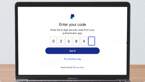 Экран PayPal с полями для шестизначного кода двухфакторной аутентификации