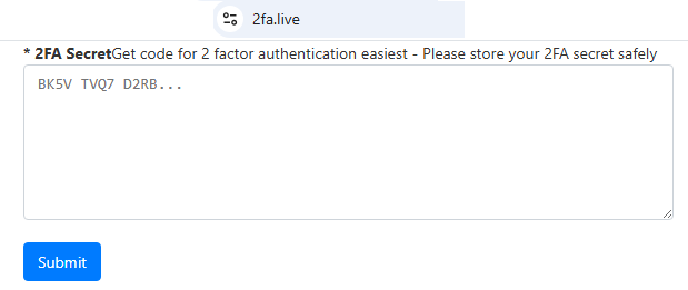 Поле для ввода 2FA-ключа и кнопка Submit на сайте 2fa.live